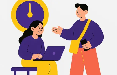 Illustration Of Two Educators, One Sitting With A Laptop And One Standing With A Bag, With A Clock On The Background.
