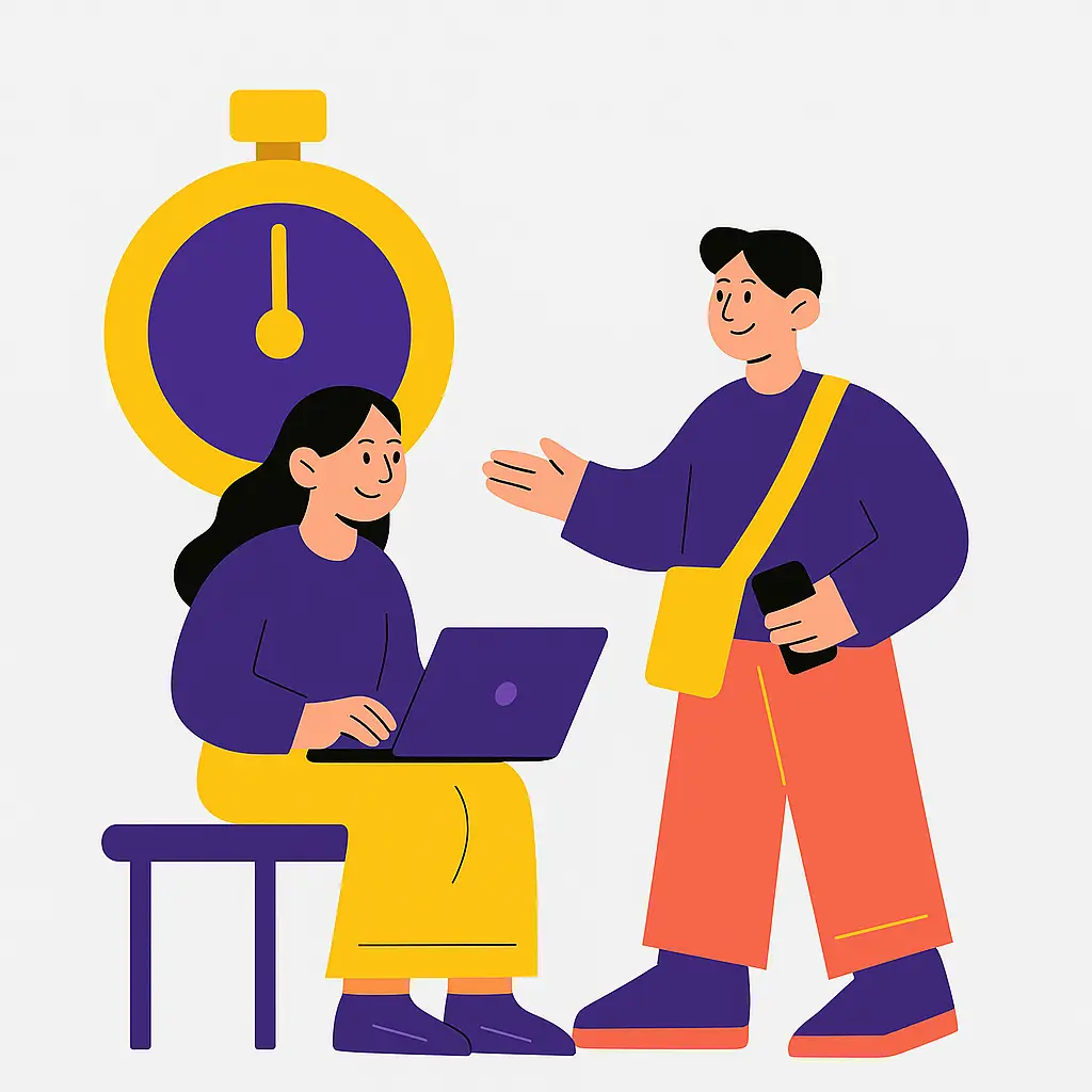 Illustration Of Two Educators, One Sitting With A Laptop And One Standing With A Bag, With A Clock On The Background.