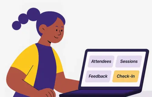Illustration Of An Educator In Front Of A Computer With A Screen Showing A Dashboard With The Metrics: Attendees, Sessions, Feedback And Checkin.