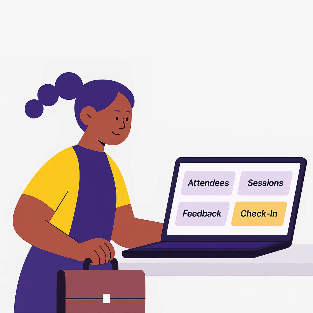 Illustration Of An Educator In Front Of A Computer With A Screen Showing A Dashboard With The Metrics: Attendees, Sessions, Feedback And Checkin.